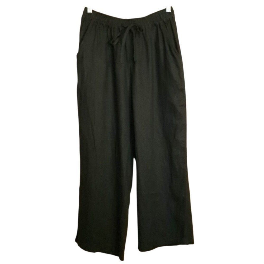 Women's‎ Pants Black Size M Elastic Waist High Rise 100% Linen Straight Leg